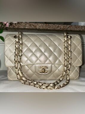 CHANEL Medium Classic Double Flap Pearlescent Calfskin Handbag Champagne Gold